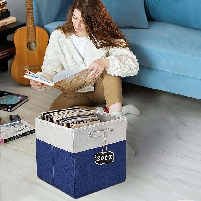 13x15x13 storage cube bins,Set of 4 Collapsible Fabric Storage Cubes with Labels,Linen Cube Storage Organizer Bins Kallax Storage Cubes for Organizing Home,Shelves,Cabinet,Clothes(White Blue). - Image 7