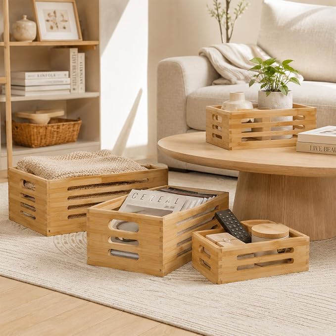 ANMINY Wood Storage Bins Crates, Nesting 4PCS, Sturdy Mortise-Tenon Joint | Natural Bamboo Boxes Bins with Built-in Handles, Sturdy Corner Joints, Hollow Stripe Design, Nestable for Pantry Shelf - Image 7