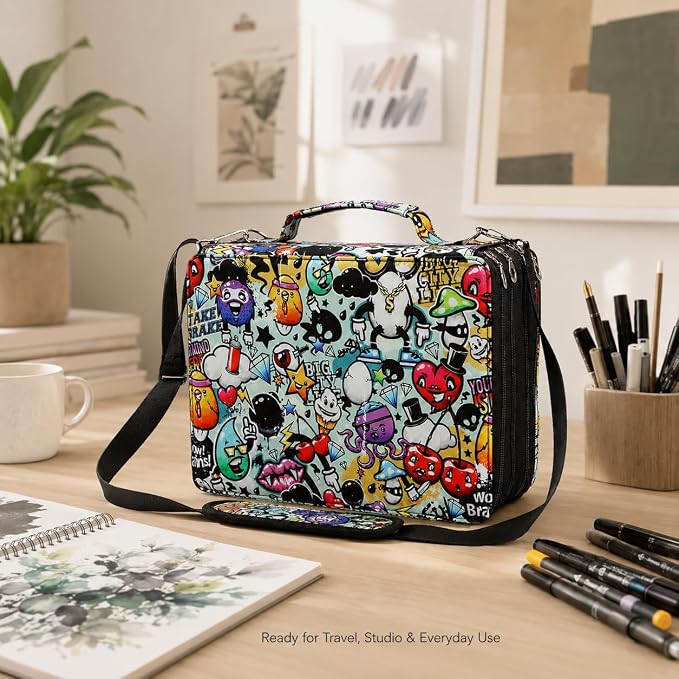 224-Slot Marker Organizer Bag, 4-Layer Case with Strap | 224-slot 4-layer marker bag in twill Oxford fabric with handle, detachable strap, smooth zipper for studio and outdoor use. - Image 5