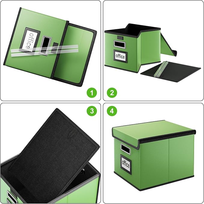 File Organizer Box with Lids, Collapsible File Folder Organizer | File Box with Plastic Slides for Document, Filing Bin for Letter Size Hanging File Folders (2 Pack, Green, Leather) - Image 7