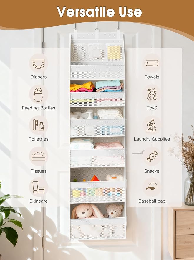 2 Pack Over the Door Organizer, Heavy-Duty 6-Shelf Hanging Storage with 13 Mesh Pockets, 55lbs Capacity Behind the Door Storage for Nursery, Bathroom, Bedroom, and Dorm, White - Image 9