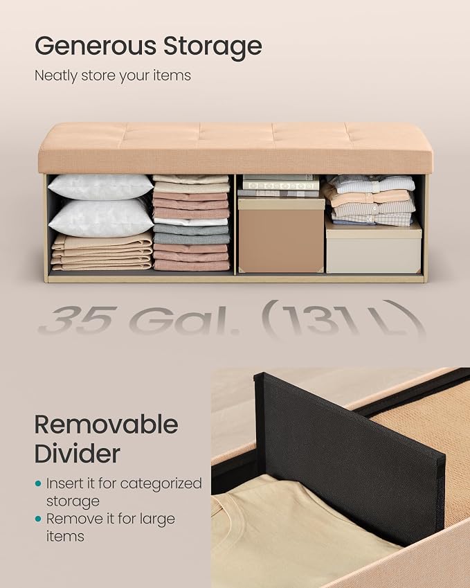 SONGMICS 43.3 Inches Folding Storage Ottoman Bench, Load 660 lb | Ottoman Foot Rest, Storage Chest, for Living Room, Entryway, Apricot and Ink Black, MINOTA Collection ULSF077O01 - Image 6