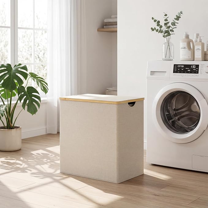 efluky Laundry Hamper with Lid, Double Laundry Basket with 2 Removable Bags, 2 Section Laundry Bin with Bamboo Handles for Bathroom, Bedroom & Laundry Room, 140L (36.9 Gallon) Beige - Image 8