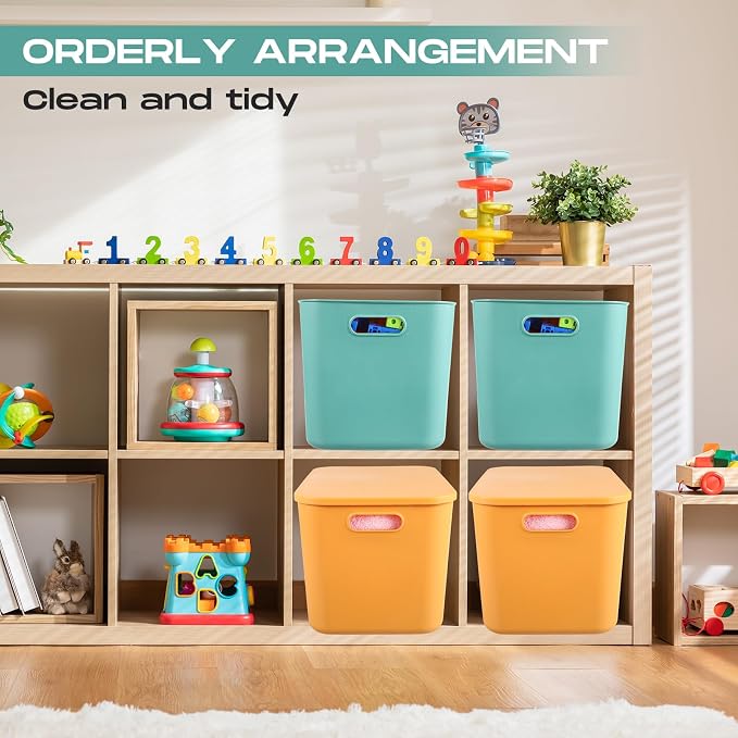 8 Pack Storage Bins, 14.2 X 10.2 X 9.5 Inch Green and Yellow | Plastic Stackable Containers with Lid Handle, For Shelves Desktop Playroom Office, Organizing Toys Books Supplies Storage - Image 7