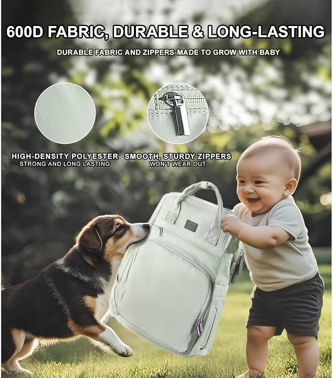 Diaper Bag Backpack with Wet/Dry Pocket, Changing Pad, 24L Green | 9 Pockets, 2 Insulated Bottle Pockets & Rear Opening for Organizing, Stroller Straps & Luggage Sleeve for Travel - Image 5