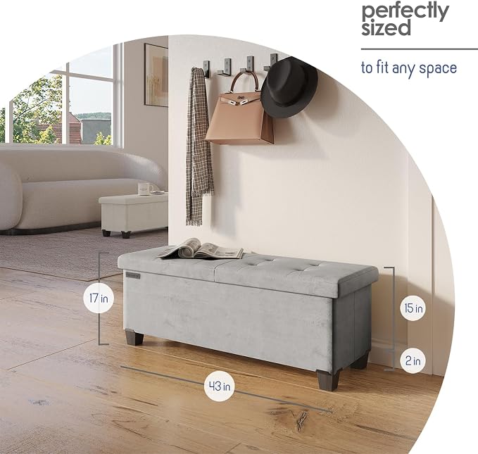 Storage Ottoman Bench with Bins, 43-in Storage Bench for Bedroom End of Bed, Folding Foot Rest Ottoman for Living Room Max 660lbs, Velvet Ottomans, Light Grey - Image 9