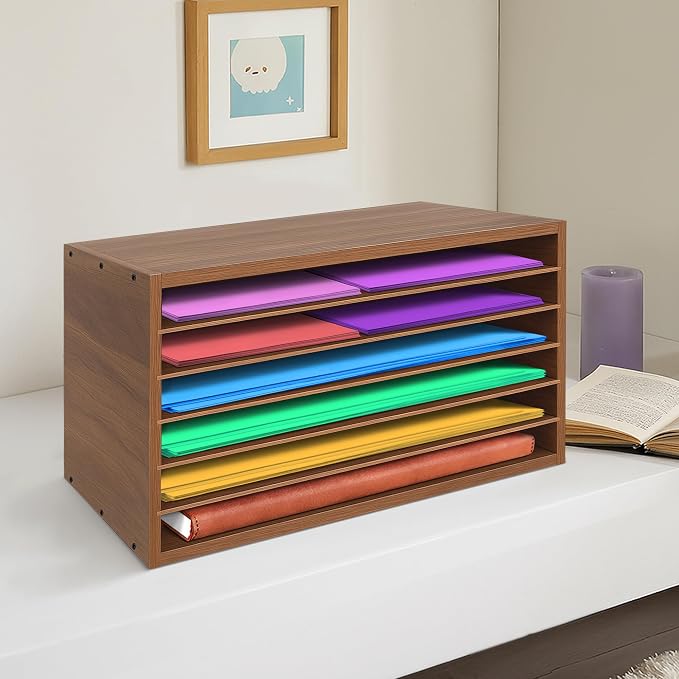 Construction Paper Organizer 20" x 13.5" x12.2",Soild Wooden Paper Organizer with 6-Tier Letter Trays, Desktop File Papers Sorter for Home, Classroom and Office (Walnut) - Image 6