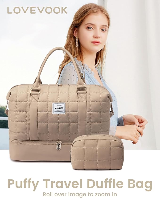 LOVEVOOK Large Duffle Bag for Travel, Puffer Weekend Bags for Women Travel Tote, Carry on Duffel Bag for Airplanes, 18 Inch Personal Item Bag Gym Bag Women, Coffee - Image 8