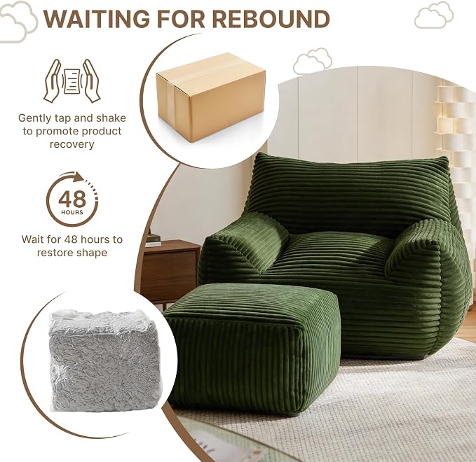 Oversized Bean Bag Chair with Ottoman, Bean Bag Couch with 2 Side Pockets, Corduroy Boneless Couch Chair in a Box, Comfy Lounge Chair for Living Room, Bedroom, Dorm, Green - Image 8