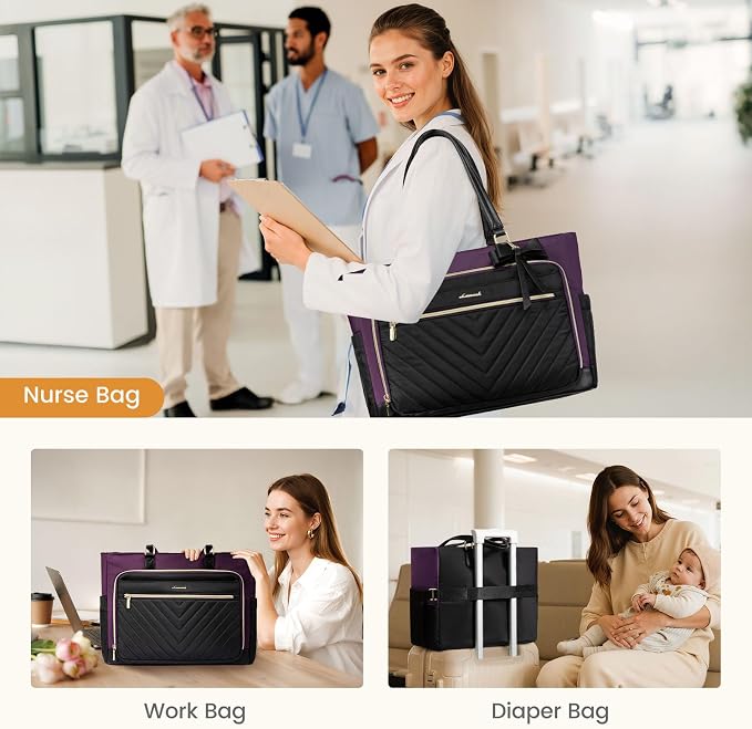 LOVEVOOK Laptop Tote Bag for Women, Work Bag Teacher Tote with Large Cup Holder, Quilted Nurse Diaper Bag for Travel, Computer Women's handbags for Teacher gift, Black-Purple, 17.3 Inch - Image 6