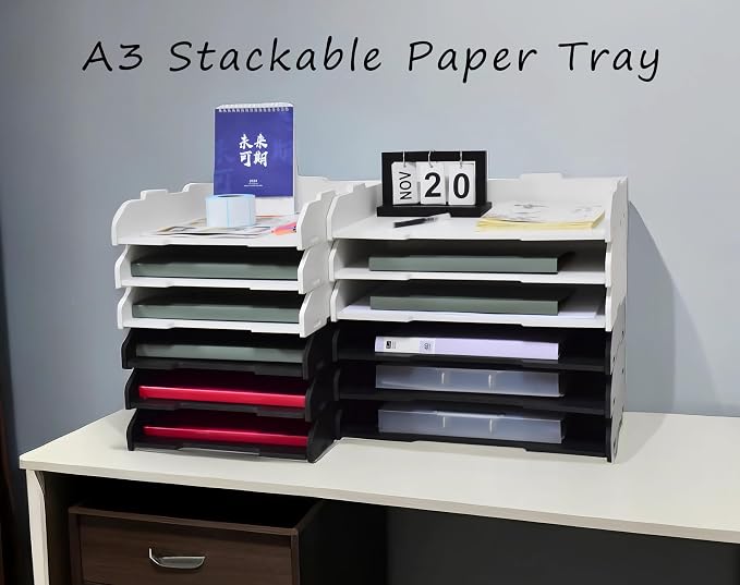 18.31" W × 12.68" D × 8.66" H Large Capacity Desktop File Organizer, Sturdy Stackable Wood Paper Sorter, Premium Letter Document Mail Storage Holder – Black & White(3 Tier-Horizontal) - Image 7