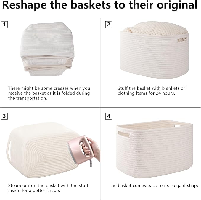 OIAHOMY 4 Pack Storage Baskets for Organizing 15L Cube Storage Bins White | Woven Baskets for Storage Rectangle Small Baskets With Handles Baskets for Shelves Wicker Baskets for Shelves 12.7x9x7.8inch - Image 7
