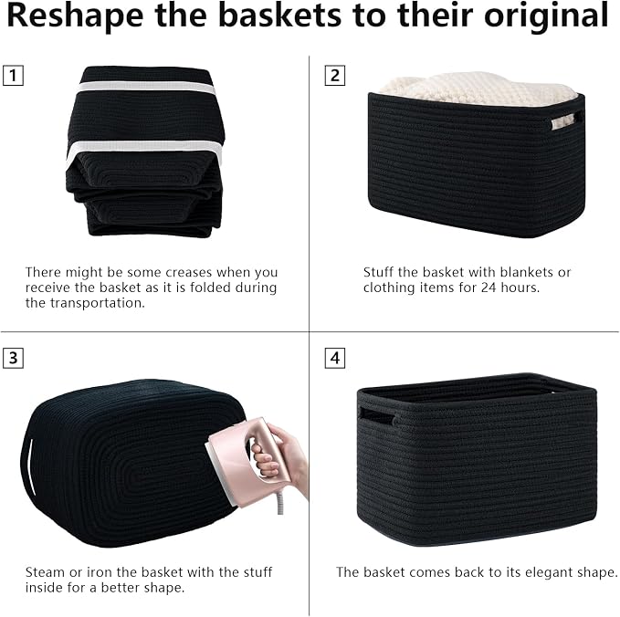 OIAHOMY 4 Pack Storage Baskets for Organizing 15L Cube Storage Bins Black | Woven Baskets for Storage Rectangle Small Baskets With Handles Baskets for Shelves Wicker Baskets for Shelves 12.7x9x7.8inch - Image 7