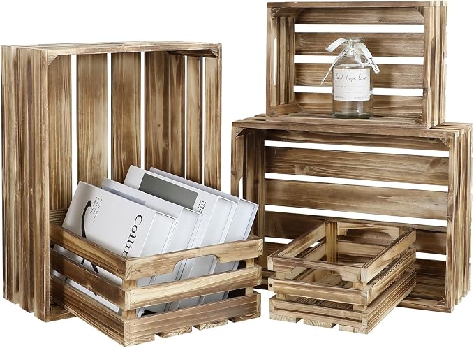 5-Piece Rustic Burnt Brown Wooden Crates Set, Wall Mountable Slatted Storage Crates with Handles, Farmhouse Wooden Crates for Display & Organizer for Home Decor - Image 8