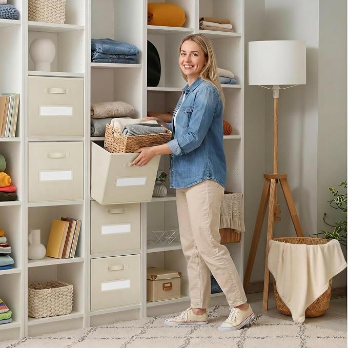 Storage Bins,13" Cube Storage Bin with Labels,10pcs,Beige | Fabric Storage Cubes for Shelves,13 Inch storage cube bins with 10 Labels Window Cards & a Pen. - Image 7