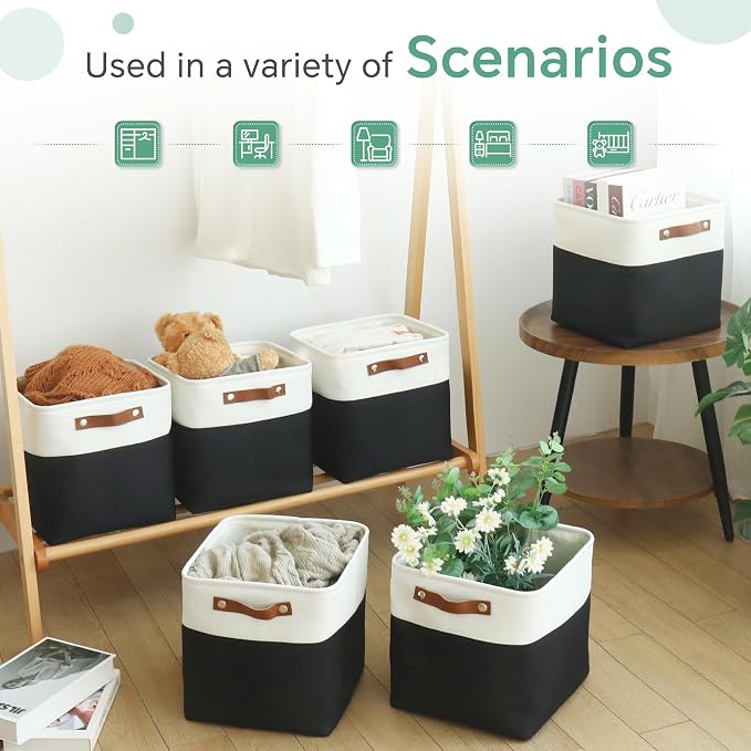 FinishingBo 11 inch Cube Storage Bin 6 Pack, Cube Organizer Bins | Fabric Storage Bins With Handles, 11x11 Storage Cubes, Shelf Basket, White/ Black - Image 7