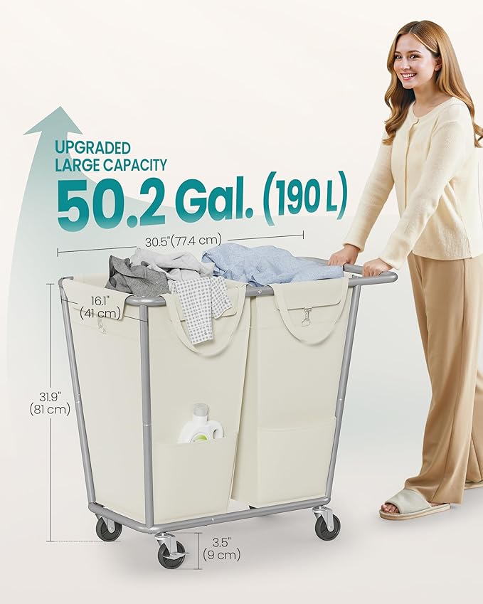 SONGMICS Laundry Basket with Wheels, 2-Section Laundry Sorter, 50.2 Gallons (190 L) Rolling Hamper with Removable Bags, Heavy-Duty Steel Frame, Cream White URLS009W01 - Image 6