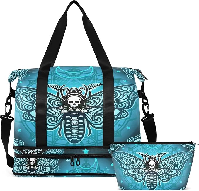 Travel Duffel Tote Bag Butterfly Skull Boho Sports Duffel Bag with Wet Pocket Weekender Overnight Bag for Women Men Gym Bag, Carry On Bag Hospital Bag for Labor and Delivery - Image 8
