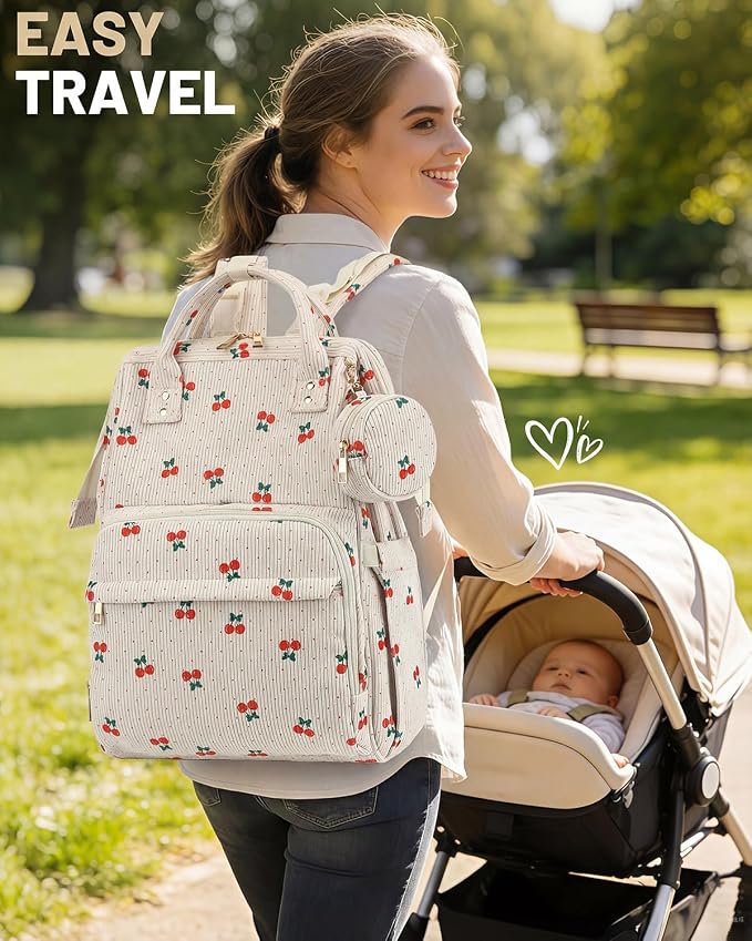 Corduroy Diaper Bag Backpack, Large Capacity Multifunction Baby Diaper Bags for Women, Insulated Bottle Pockets & Pacifier Case, Stylish Travel Nappy Changing Bags for Mom Dad (Cherry) - Image 8