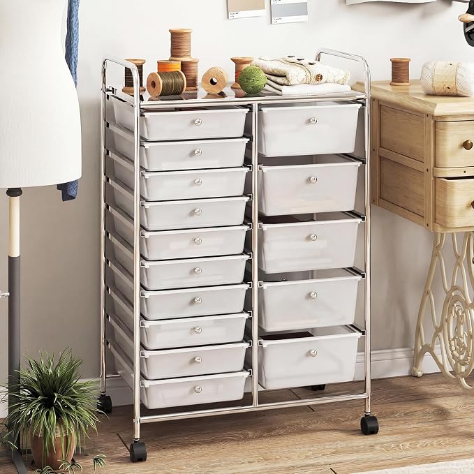 RELAX4LIFE 15-Drawer Rolling Storage Cart - Utility Cart with Metal Frame, Lockable Wheels & Removable Drawers, Multipurpose Art Craft Organizer for Home Office, Classroom (Clear) - Image 9