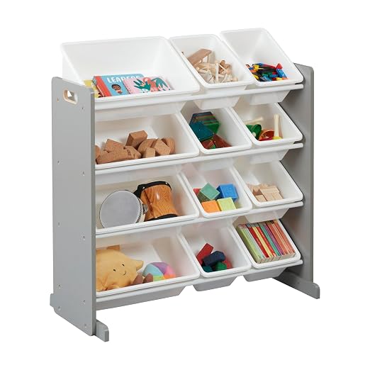 ECR4Kids 4-Tier Organizer with 12 Removable Plastic Bins, 4x3, Toy Storage, Grey/White | Durable plastic bins, MDF panels, steel frame, GREENGUARD Gold Certified, 48 lb capacity, anti-tip kit, playroom/classroom - Image 10