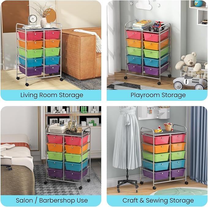 10 Drawer Rolling Cart, Storage Cart Organizer on Wheels, Drawer Cart with Metal Frame & Large Storage Capacity, Rolling Cart with Drawers for Living Room Classroom, Office - Image 9