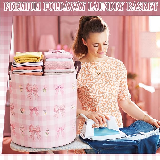 Fourluoo 6 Pack Pink Bow Fabric Storage Basket Waterproof Laundry Hamper with Handles Flower Round Storage Bin for Clothes Foldable Organizer for Bedroom Nursery Bathroom - Image 7