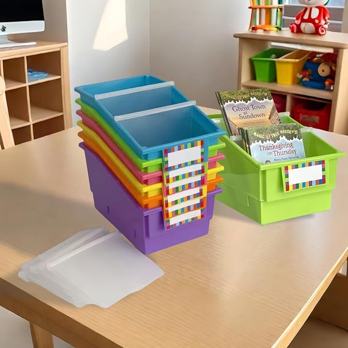 6 Pack Plastic Picture Book Classroom Library Bins with Dividers, Neon | Plastic Shelf Bin Organizer for Classroom Library, Book, Documents, Files Magazines, Multi-Purpose Book Holders with Labels - Image 8