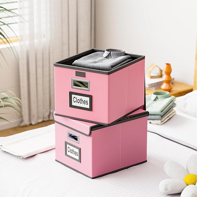 File Organizer Box with Lids, Collapsible File Folder Organizer | File Box with Plastic Slides for Document, Filing Bin for Letter Size Hanging File Folders (2 Pack, Pink, Leather) - Image 9