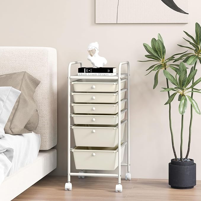 GOFLAME 6-Drawer Rolling Storage Cart, Multifunctional Art Supply Organizer Cart, Mobile Utility Storage Cart with Removable Drawers & Lockable Wheels, Craft Cart for Home Office, White - Image 9