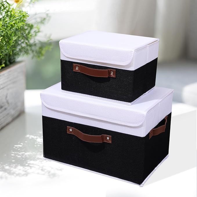 ANMINY Fabric Storage Box Bins with Lids, Black White, 13"x9"x7.9", 2 Pack | Keepsake Memory Storage, Cotton Linen, PP Board Reinforced, Washable, PU Handles, Foldable & Stackable, Decorative, Medium - Image 7