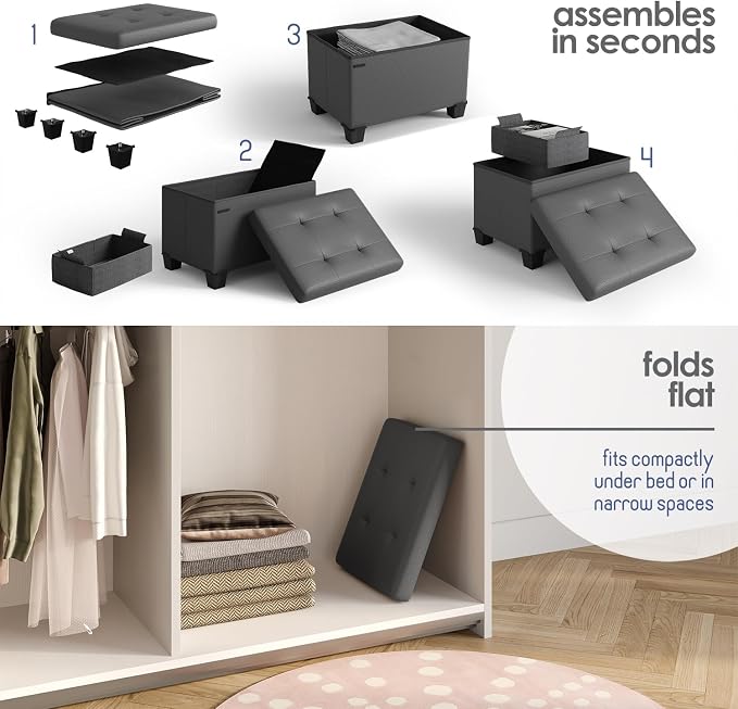 Storage Ottoman Cube with Small Bin, 16-in Square Ottoman with Storage for Living Room and Bedroom, Small Ottomans Foot Rest, Leather Foot Stools Ottomans Max 330lbs, Grey - Image 9