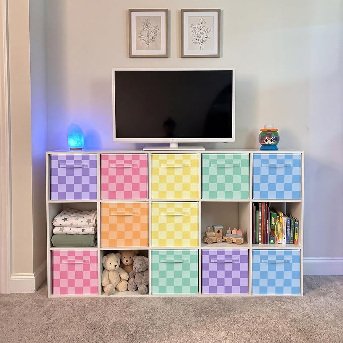 Potchen 6 Pcs Fabric Cube Storage 11'' Colorful Checked Bins,Bright Style | Collapsible Cubes with Handles for Closet Shelves Nursery, Classroom Decor, Plaid Organizer Baskets, Back to School Supplies - Image 7