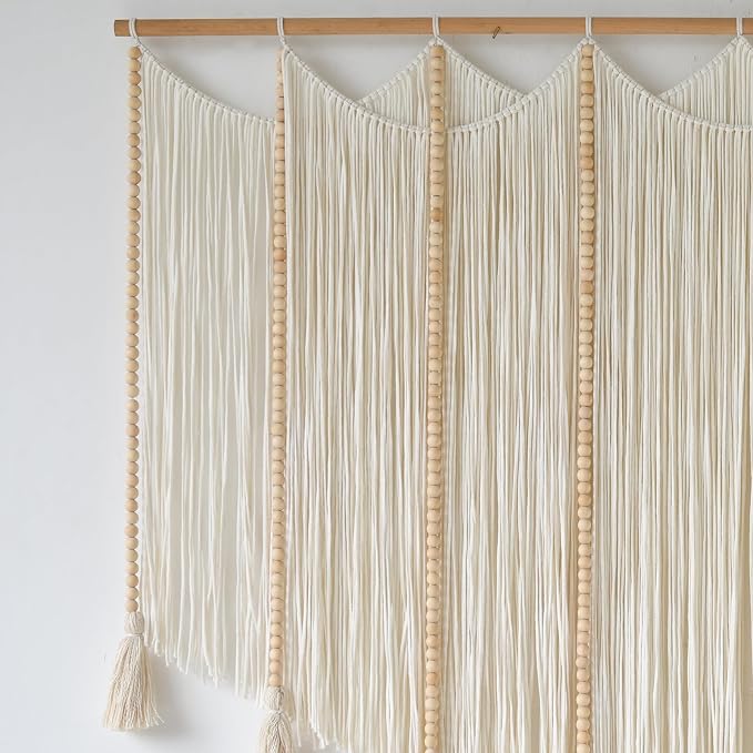 Jakalin Macrame Wall Hanging White Beads Yarn Art Boho Home Decor 57"x43" | Boho Wall Decor for Living Room,Bedroom,Nursery,Handwoven Tassel,Macrame Wall Art Cotton Craftsmanship Texture Wall Decor - Image 7