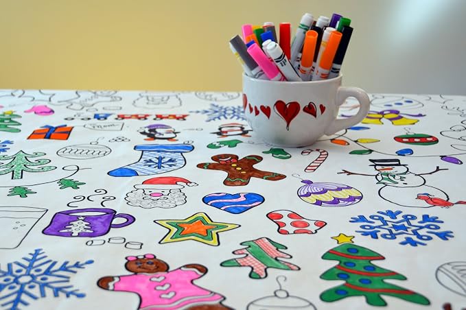Holiday Design – Rectangle Tablecloth 60”X84” – Interactive Coloring Tablecloth for Kids – Poly/Cotton Fabric - Washable and Reusable – DIY Coloring Activity for Children and Adults - Image 9