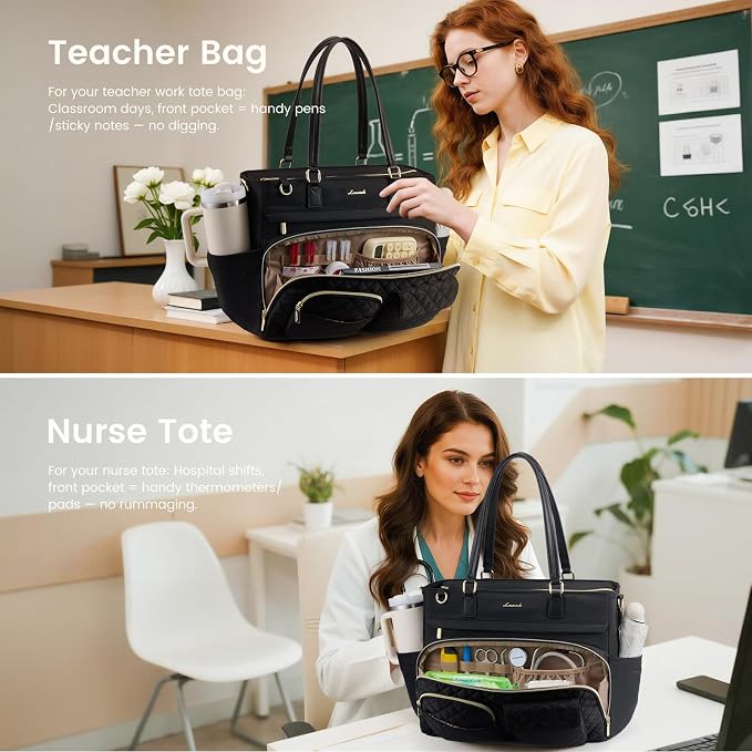 LOVEVOOK Insulated Lunch Tote Bag for Women, Work Bag for Women with Cup Holder, Large Capacity Teacher Bag with Laptop Compartment, Water Resistant Nurse Tote for Travel, College, 15.6 Inch Black - Image 6