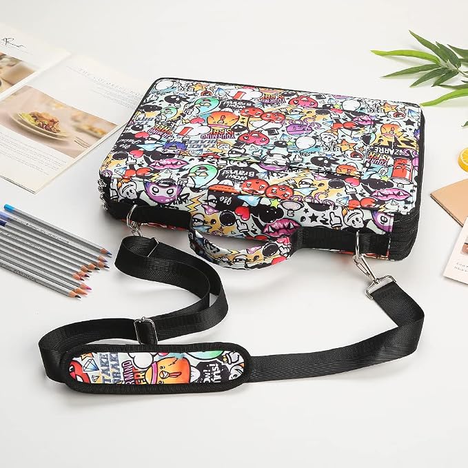384 Slots Pencil Case, 4-Layer Organizer with Shoulder Strap | 4-layer twill oxford case with 384 elastic slots, carry handle, removable strap, and outer pocket for phone or keys. - Image 6