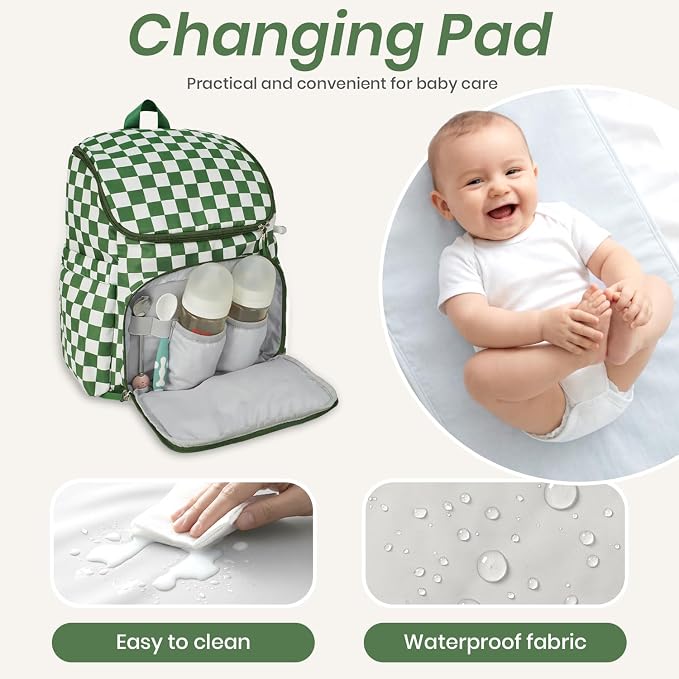 FHELAD Checkered Diaper Bag Backpack with Changing Pad & Stroller Clips | Baby Diaper Bag, Baby Shower Gifts, 4 Insulated Bottle Holders, Wet Wipe Pocket, Luggage Strap - Image 7