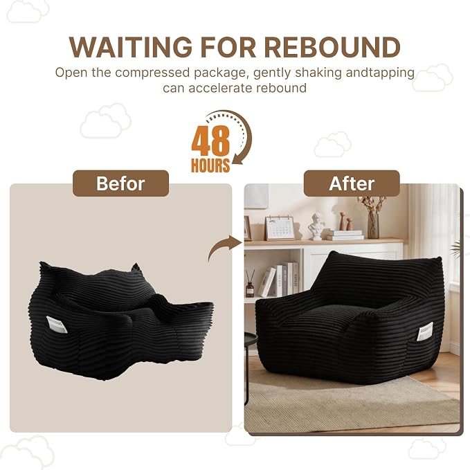 Bean Bag Chair for Adults & Kids, Giant Bean Bag Sofa with Side Pocket, Corduroy Beanbag Chair with Armrests, Comfy Stuffed Floor Sofa for Living Room Bedroom Dorm, Black - Image 8