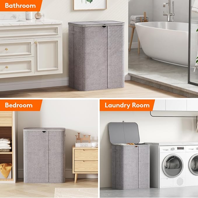Lifewit 185L 3 Section Laundry Hamper with Lid, Laundry Basket, Light Gray | Large Foldable Laundry Sorter with 3 Removable Bags, Tall Clothes Hamper for Bedroom and Bathroom - Image 9