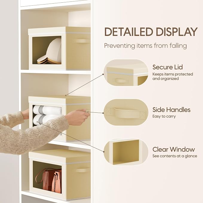 Storage Bins with Lids - Small Fabric Organizers with Window, Collapsible Storage Bins for Clothes, Decorative Closet Organizers for Towels, Tshirt, 4 Pack, Beige - Image 6