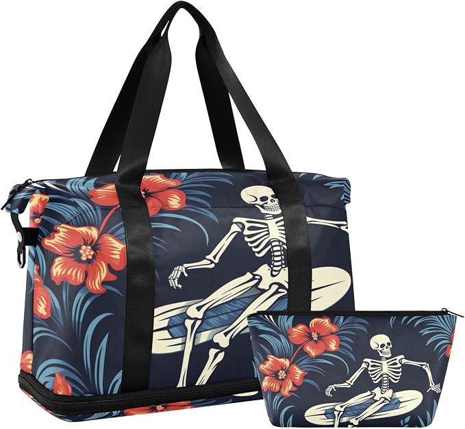 Travel Duffel Tote Bag Gothic Skull and Flower Sports Duffel Bag with Wet Pocket Weekender Overnight Bag for Women Men Gym Bag, Carry On Bag Hospital Bag for Labor and Delivery - Image 7
