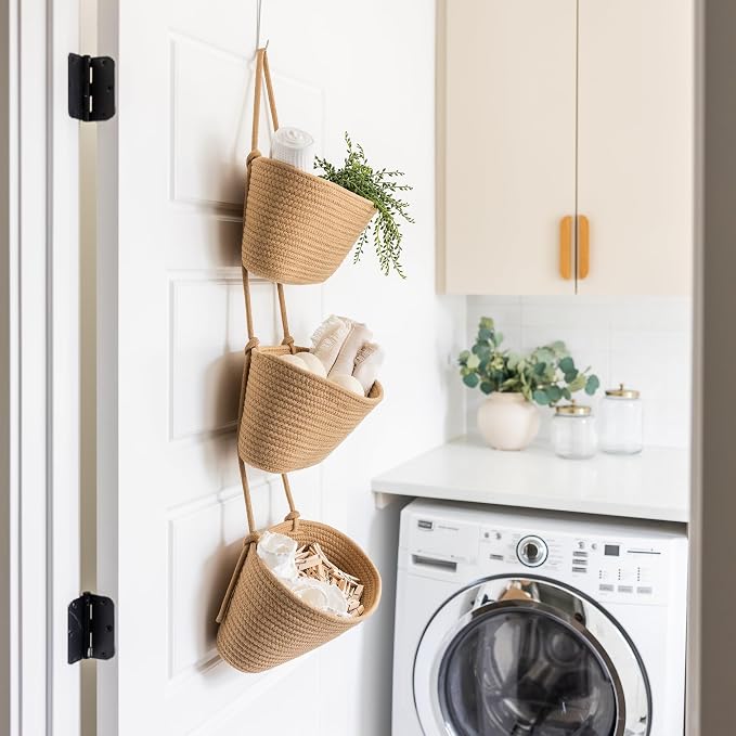 3-Tier Over the Door Hanging Basket (Set of 2) Adjustable, Detachable Woven Storage Baskets with Wall and Door Hooks - Decorative Boho Organizer for Nursery, Playroom, Bedroom, Kitchen, Apartment - Image 9