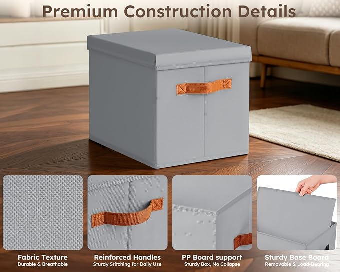 Storage Bins with Lids - Fabric Storage Baskets for Shelves, 4 Pack Foldable Decorative Boxes with Handles, Stackable Organizer Bins for Home, Nursery, Dorm, Grey - Image 7