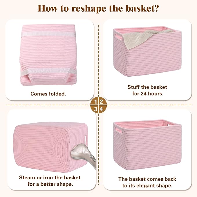 Storage Baskets for Organizing, 4 Pack Baskets for Shelves, Decorative Storage Bins for Shelves, Cotton Rope Storage Basket with Handles, Woven Basket for Storage, 13''Lx8.7''Wx7.9''H, Pink - Image 8