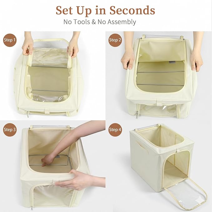 GoMaihe Blanket Storage Bins with Metal Frame for Closet, 55L 6-Pack Beige | Winter Coat Clothing Comforters Bedding, Closet Top Shelf Organizer, Collapse-Proof Stackable, Clear Window Dual Access - Image 8