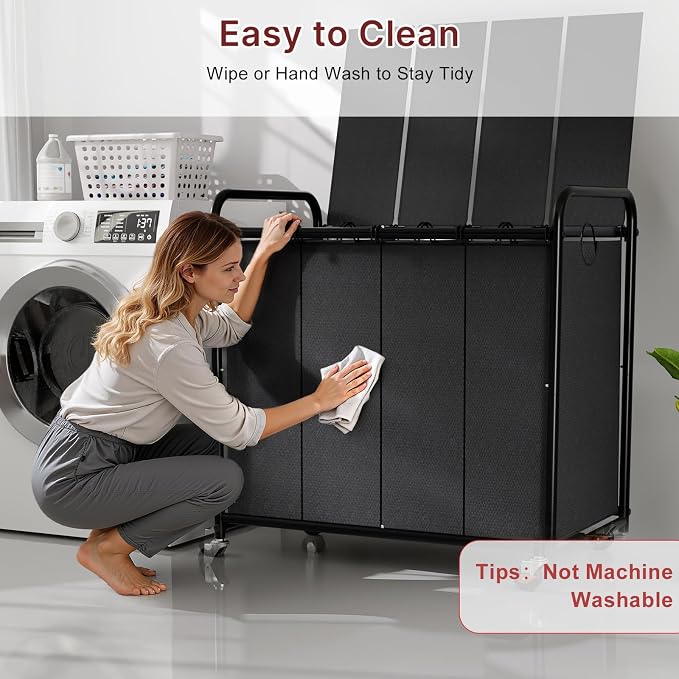 180L Laundry Sorter 4 Section with Lockable Wheels and Lid Black | 4 Large Separate Removable Bags | Heavy Duty Rolling Laundry Basket | Laundry Hamper Cart for Laundry Room Organizer - Image 8