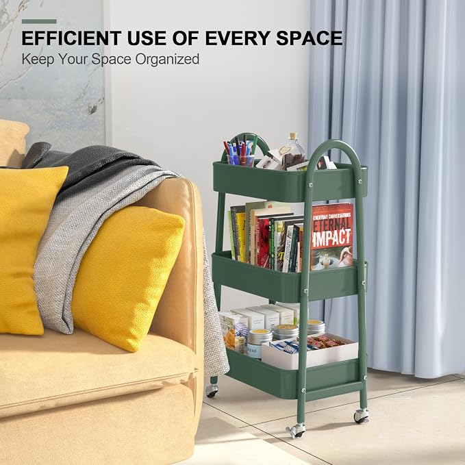 3 Tier Utility Rolling Cart, Metal Storage Cart with Handle and Lockable Wheels, Multifunctional Storage Organizer Trolley with Mesh Baskets for Kitchen, Living Room, Office, Garage (Jungle) - Image 7