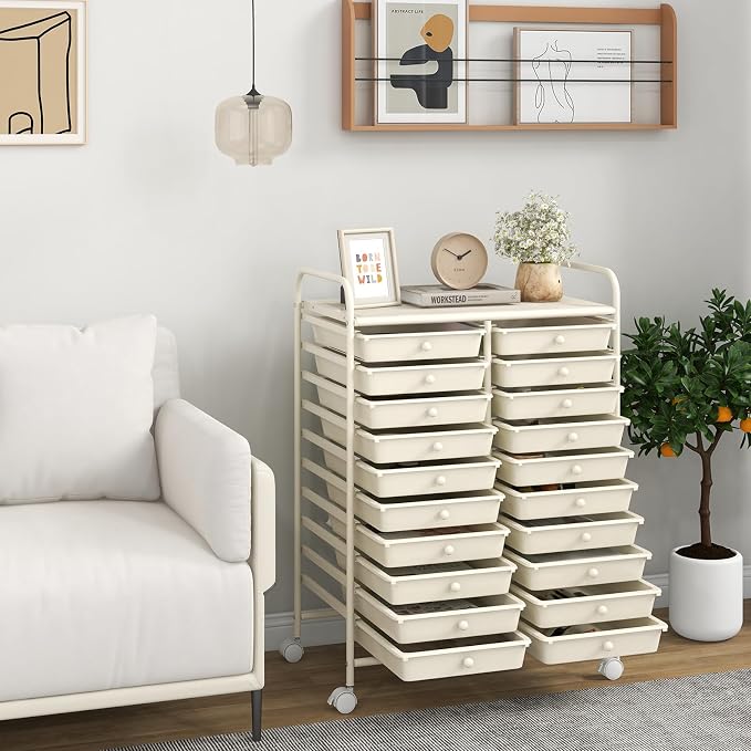 RELAX4LIFE 20-Drawer Rolling Storage Cart - Mobile Rolling Cart w/Drawers for School Classroom Teacher Office Home Salon, Paper File Art Supply Craft Organizer, Utility Cart on Wheels (Ivory) - Image 9