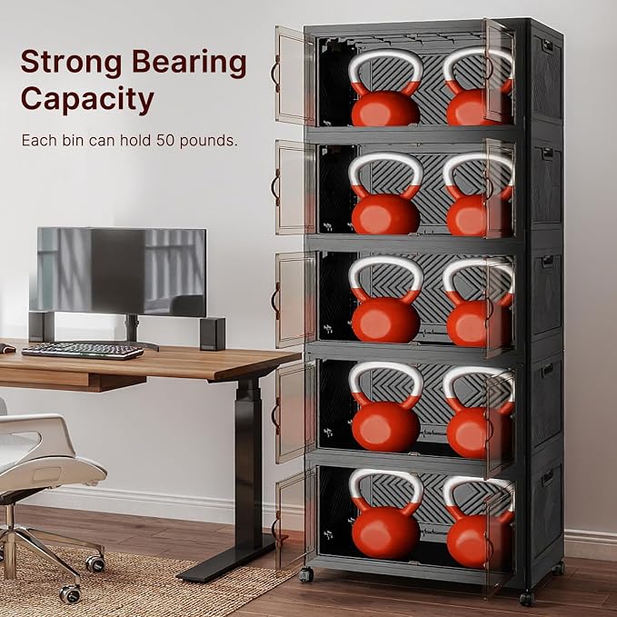 Stackable Storage Bins with Lids, 600QT Lockable Storage Cabinet | Folding Storage Box with Doors and Wheels, Collapsible Plastic Drawers for Home, Garage, Office - Image 10